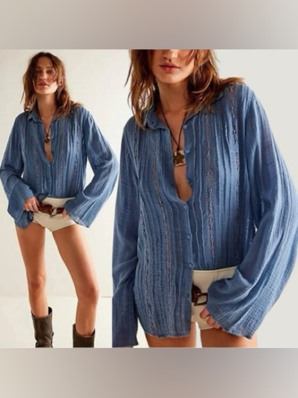 Free People FP One Gauzy Crochet Mila Button Down Top Romantic Cottage Boho
